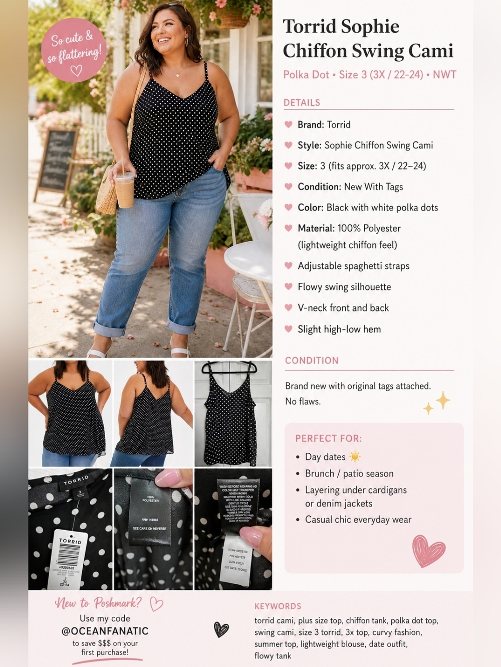 Torrid Sophie Chiffon Swing Cami – Polka Dot – Size 3 (3X / 22-24) NWT - Picture 2 of 12